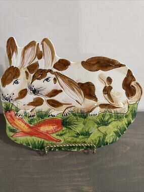 Handpainted Ceramic Bunny Rabbits Carrots Wall Hanging Made Italy Easter Spring